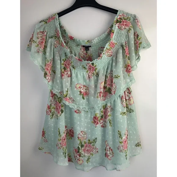 Torrid Off Shoulder Sheer Lace Swiss Dot Top Plus Size 2 2X Green Pink Boho Chic - Picture 2 of 10